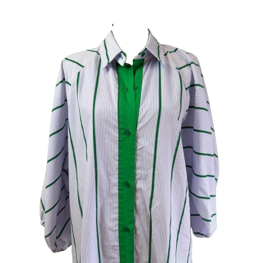 FLICKA Korea Stripe Shirt Dress Green Lavender White Balloon Sleeve Oversized OS